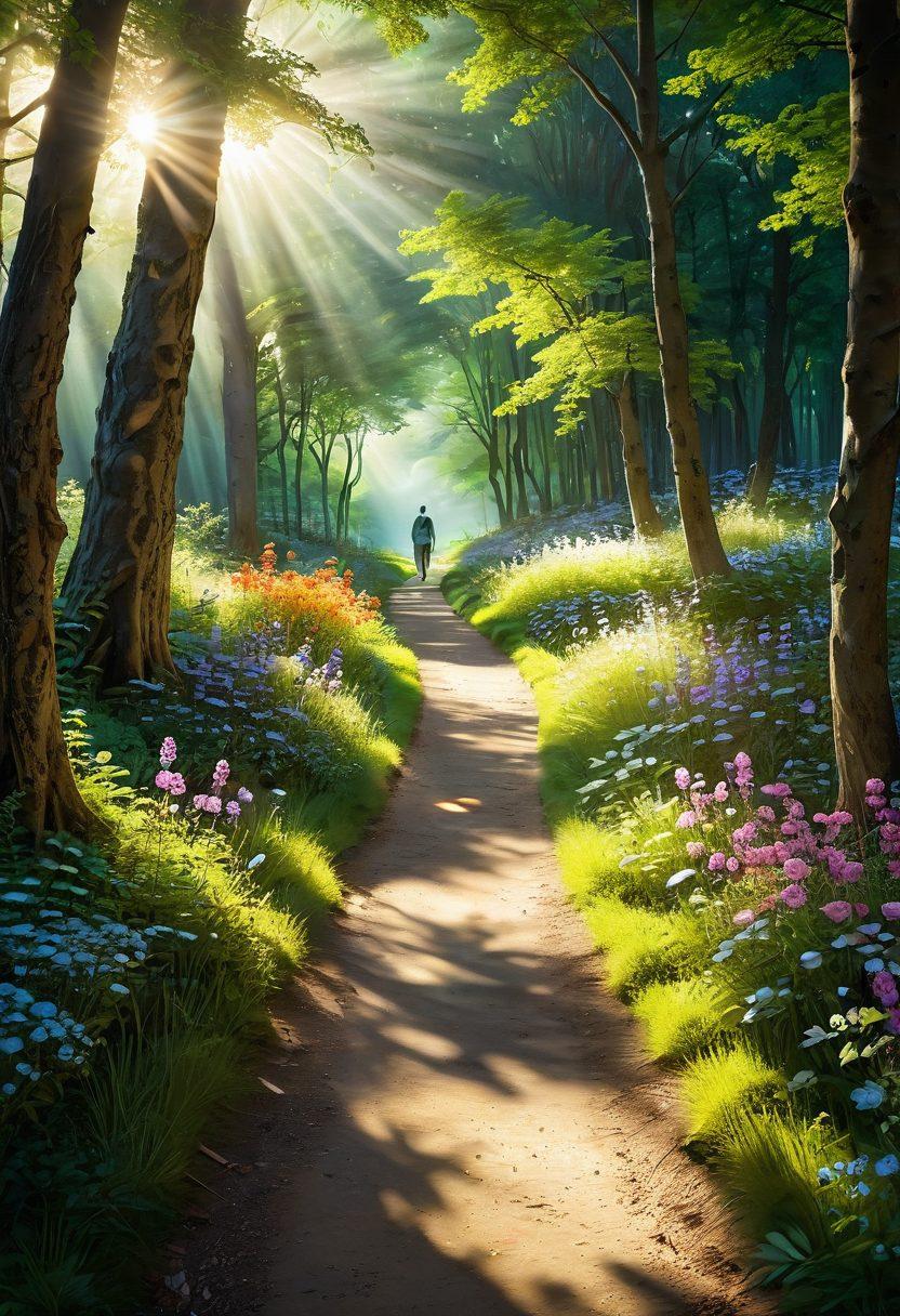 A serene landscape depicting a sunlit path winding through a lush green forest, with vibrant flowers blooming along the way. A glowing heart symbol subtly overlays the scene, emanating warmth and positivity. Gentle rays of sunlight filter through the trees, creating an uplifting atmosphere. In the distance, a happy figure walks along the path, symbolizing joy and hope. soft focus. vibrant colors. 3D.