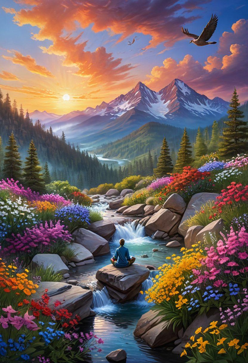 A serene landscape featuring a person meditating on a mountaintop at sunrise, surrounded by vibrant flowers symbolizing joy and optimism. In the foreground, a gentle stream flows, reflecting the colorful sky filled with soft pastel hues. Birds are soaring in the sky, representing freedom and happiness. The overall mood is peaceful and uplifting, evoking a sense of bliss. super-realistic. vibrant colors. natural scenery.