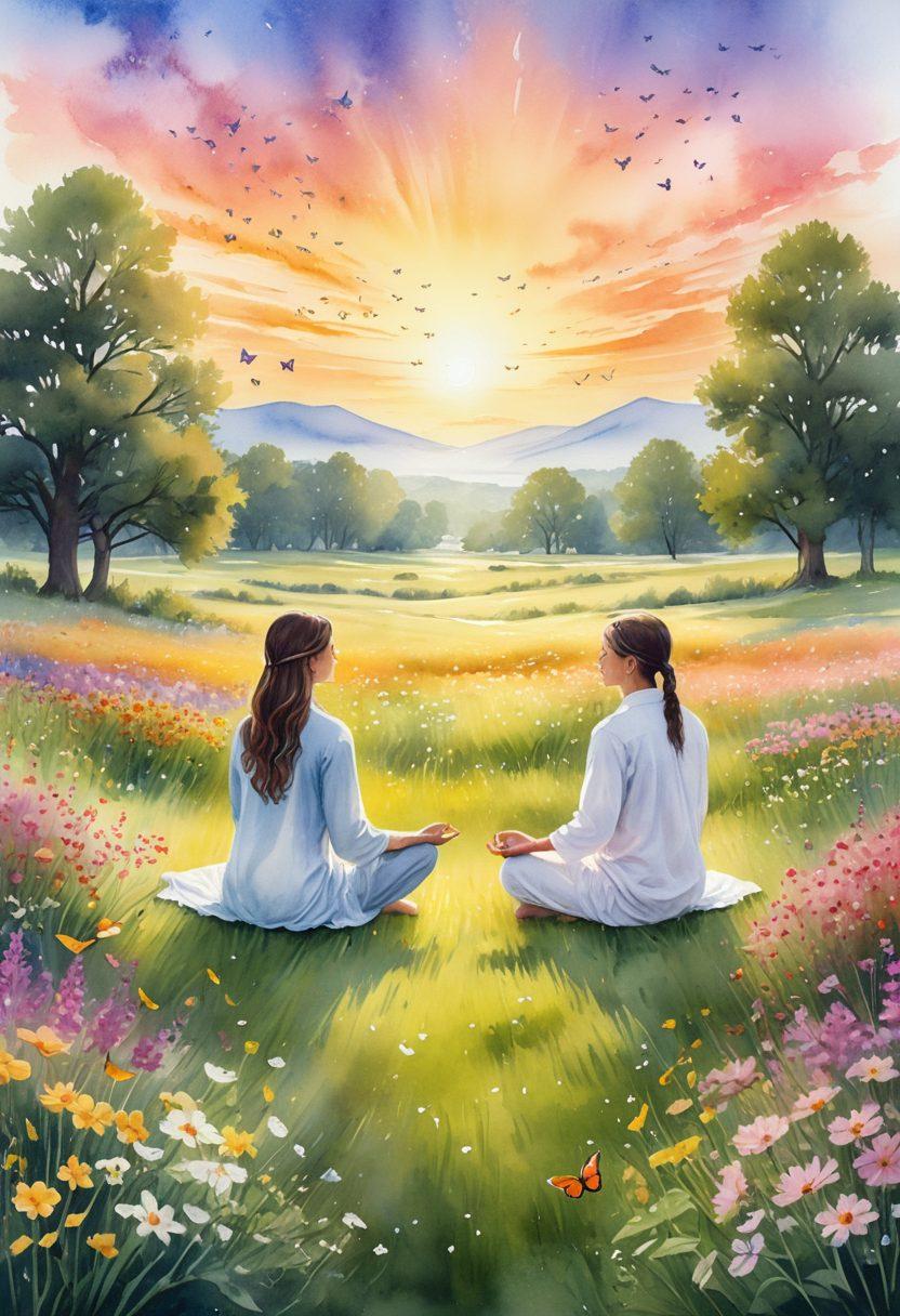 A serene landscape featuring a glowing sunrise over a peaceful meadow, symbolizing enlightenment and positivity. In the foreground, a diverse group of people meditating together, radiating vibrant energy and a sense of community. Soft, flowing colors that evoke feelings of joy and tranquility, with butterflies and flowers scattered throughout the scene. watercolor style. vibrant colors. peaceful atmosphere.